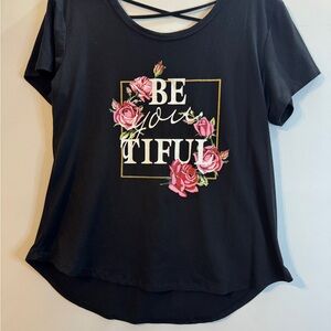 No Boundaries Black Tee with Pink Floral Graphic